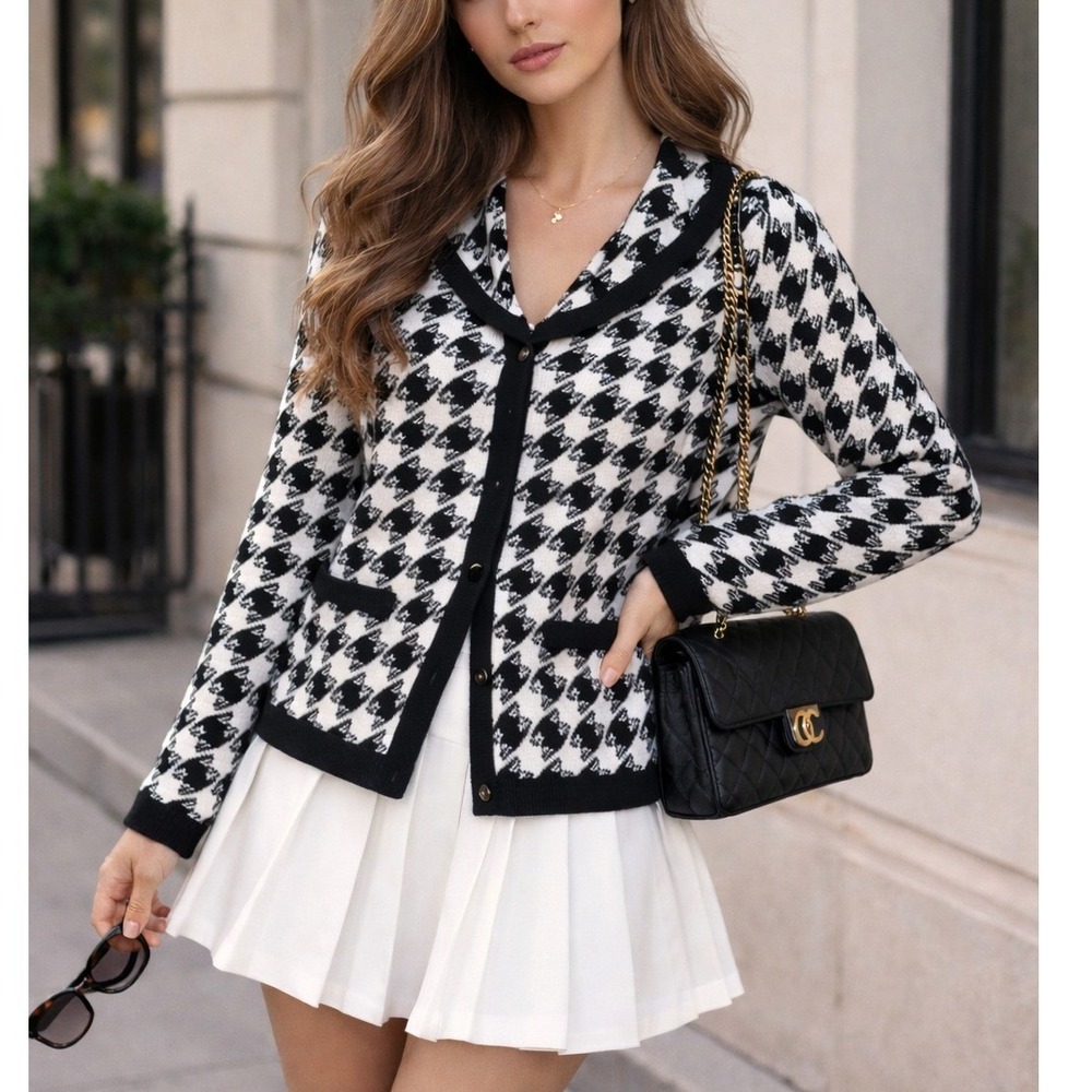 Pendleton Women's Merino Wool Houndstooth Cardigan Black White Button Front- L